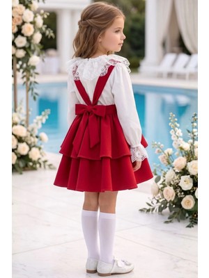 Parla Kids Kız Çocuk Kırmızı Helen Elbise Jile Dantel Bluz 23 Nisan 29 Ekim Gösteri Kıyafeti Uzun Kollu