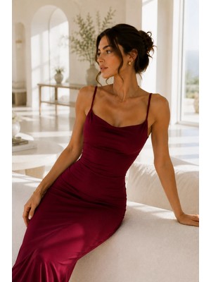 Rich Kadın Bordo Balık Kesim Vücudu Saran Ip Askılı Uzun Elbise