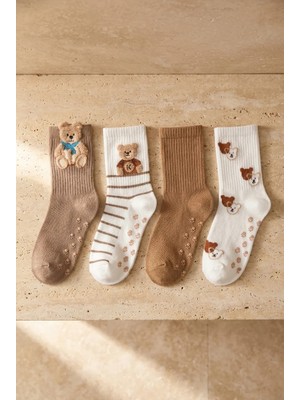 Katia & Bony Çocuk Teddy Bear Desenli Kahverengi 4'lü Soket Çorap %59 Pamuk Dikişsiz ve Kaymaz Tabanlı