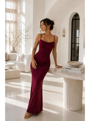 Rich Kadın Bordo Balık Kesim Vücudu Saran Ip Askılı Uzun Elbise