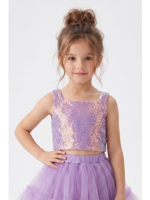 Le Mabelle Lila  Kare Yakalı Pullu Kız Çocuk Kolsuz Crop Bluz - Cintia