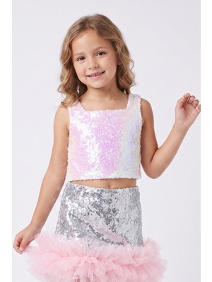 Le Mabelle Beyaz  Kare Yakalı Pullu Kız Çocuk Kolsuz Crop Bluz - Cintia