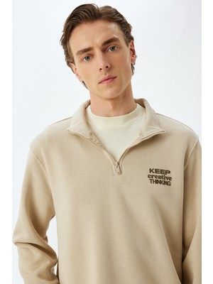 Koton Slogan Baskılı Sweatshirt Yarım Fermuarlı Şardonlu Pamuk Karışımlı