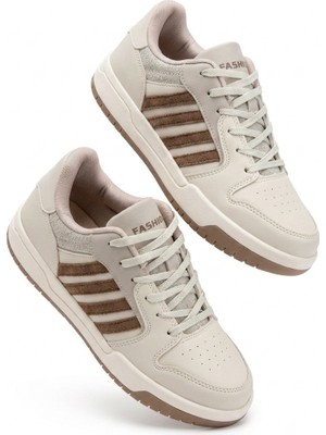 Zerenyus HMNT-2499 Premium Çizgili Bej Kadın Sneaker
