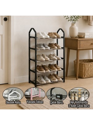 Trend Maison 5 Katlı Metal Ayakkabılık Çelik Borulu Düzenleyici Siyah Renkli Şık Görünüm
