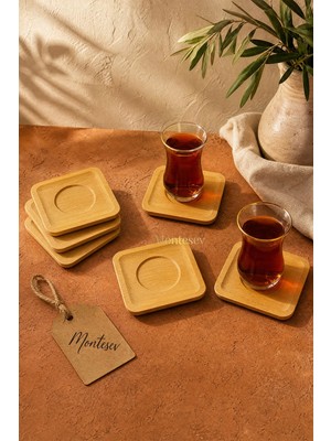 Montesev Ahşap Çay Tabağı 6 lı Set Bardak Fincan Kupa Altlığı ( KARE )