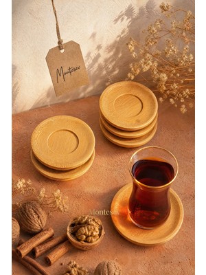 Montesev Ahşap Çay Tabağı 6 Lı Set Bardak Fincan Kupa Altlığı ( Yuvarlak )
