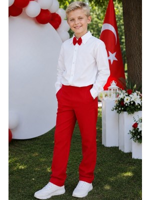 Parla Kids Erkek Çocuk Milano Beyaz Gömlek Kırmızı Pantolon Papyonlu Alt Üst Takım 23 Nisan Gösteri Kıyafeti