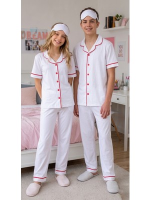 Enie Unisex Çocuk %100 Pamuk Kırmızı-Beyaz Yazlık Göz Bantlı Pijama Takımı