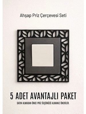 Buççin Online Mağaza  Dekoratif Desenli Priz Çerçevesi – Ahşap Duvar ve Priz Süsü Seti 5'li Hediyelik Ahşap Siyah