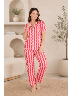 Wordex Mirano 4860 Dijital Baskı Kumaş Düğmeli Kısa Kolu Çizgili Kadın Pijama Takımı