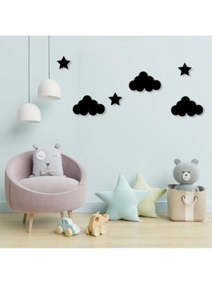 Buççin Online Mağaza  Siyah Ahşap Yıldız ve Bulutlar Duvar Dekoru Salon Oturma Yatak Çocuk Odası Için 70X45CM Tablo Seti A
