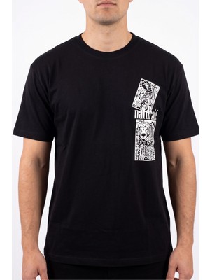 Hadiora Erkek Siyah Relaxed B Yaka Ön ve Sırt  Baskılı  Pamuklu T-Shirt