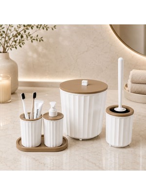 LE Paris 5 Parça Banyo Seti Modern Çizgili Tasarım | Çöp Kovası | Wc Fırçası | Organizer | Sıvı Sabunluk | Diş Fırçalık