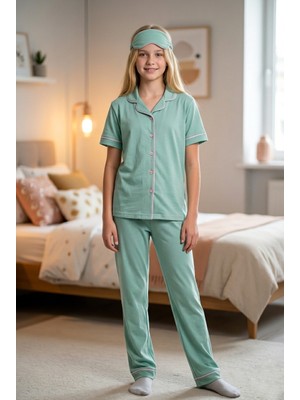 Enie Kız Çocuk %100 Pamuk Mint Yeşili Yazlık Göz Bantlı Pijama Takımı