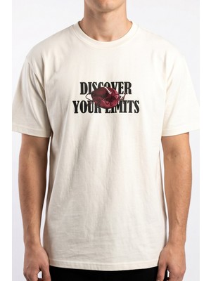 Hadiora Erkek Ekru Relaxed B Yaka Ön ve Sırt  Baskılı  Pamuklu T-Shirt