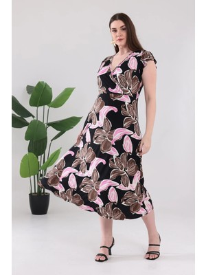 Madwilo Kadın Pembe Floral Desen Fırfır Kol Kruvaze Yaka Büyük Beden Esnek Maxi Elbise