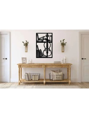 Buççin Online Mağaza  Siyah Ahşap Keman ve Kitaplık Duvar Dekoru - Salon Oturma Yatak Odası Ofis Için 35X50CM Tablo Ahşap