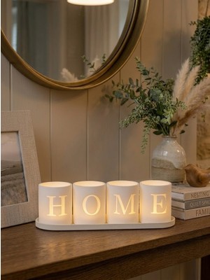 No12 4'lü Home Yazılı Dekoratif Standlı Mumluk Seti