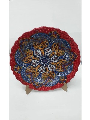 Buççin Online Mağaza  -Çini El Emeği Özel Tasarım Teşhip Sanatı Kabartma Desenli 30 cm Duvar Tabağı Kırmızı