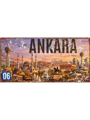 Buççin Online Mağaza  Ankara Şehir Silüeti ve Manzaralı Eskitme Tasarım Alüminyum Duvar Tabelası Metal Çok Renkli