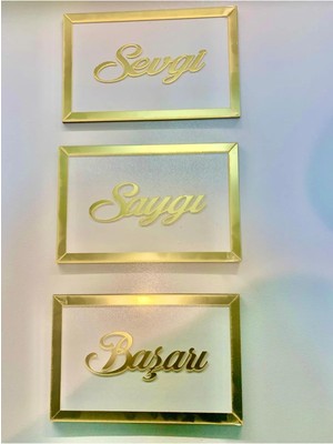 Buççin Online Mağaza  Ilk Hediyem Gold Pleksili Saygı Sevgi Başarı 3'lü Set Ahşap Sarı