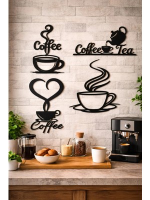 Buççin Online Mağaza  Kahve ve Çay Köşesi Duvar Dekorasyon Seti | Modern 4'lü Set Siyah Belirtilmemiş