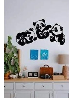 Buççin Online Mağaza  Dekoratif Panda 3'lü Ahşap Duvar Tablosu Ahşap Siyah