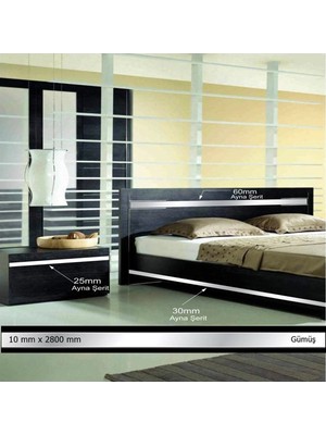 Buççin Online Mağaza  10 mm x 2800 mm Gümüş Yapışkanlı Sibu Aynalı Pleksi Şerit Dekoratif Mobilya Dolap Süsü Akrilik Gümüş