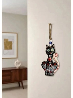 Buççin Online Mağaza  Otantik Çini Desenli Nazar Boncuklu Seramik Kedi Duvar Süsü – Kabartma Çiçek Desenli Seramik Kahvere