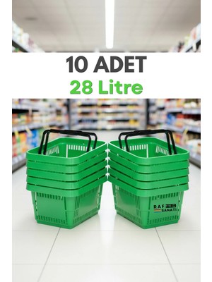 Raf Sanatı 10 Adet - 28 Litre Plastik Market Alışveriş Sepeti Saplı Dayanıklı Market Mağaza El Sepeti Yeşil
