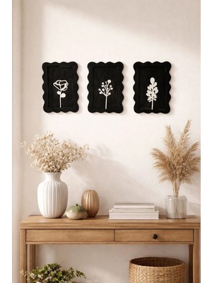Buççin Online Mağaza  Minimal Çiçek Desenli Duvar Tablosu 3'lü Set Ahşap Siyah