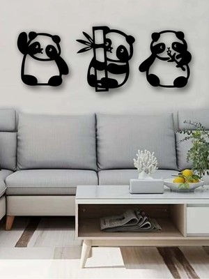 Buççin Online Mağaza  3'lü Panda Duvar Dekoru Siyah Ahşap Tablo Ahşap Siyah
