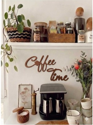 Buççin Online Mağaza  Coffee Time Yazılı Kahve Köşesi Duvar Dekoru, 3D Modern Minimal Tasarım Plastik Kahverengi