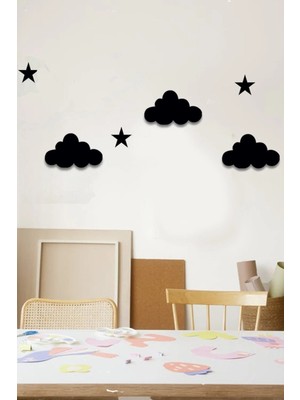 Buççin Online Mağaza  Siyah Ahşap Bulut ve Yıldız Duvar Dekoru Salon Oturma Yatak Çocuk Odası Için 100X50 cm Mdf Tablo Ahş
