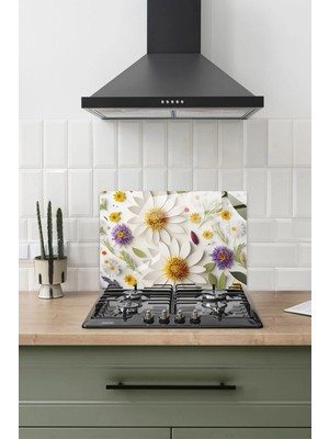 Buççin Online Mağaza  Cam Ocak Arkası Koruyucu | Flower Mix | 40CM x 60CM Cam Çok Renkli