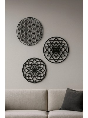 Buççin Online Mağaza  Yaşam Çiçeği Sri Yantra Torus Nefesi Duvar Dekoru Ahşap Siyah