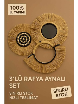 Buççin Online Mağaza  El Yapımı 3'lü Rafya Aynalı Set | Siyah Boncuklu Boho Duvar Dekoru | Doğal Ahşap Tasarım Siyah Hasır