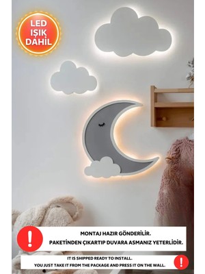 Buççin Online Mağaza  3lü Set 2 Bulut 1 Ay LED Işık Gece Lambası Bebek Çocuk Odası Duvar Dekorasyon Aydınlatma Ahşap Lamba