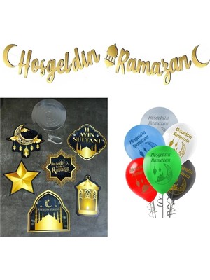 Buççin Online Mağaza  Hoşgeldin Ramazan Gold Banner,6 Adet Ramazan Özel Baskılı Balon,6'lı Ramazan Süsleri Tavan Sarkıt Ak