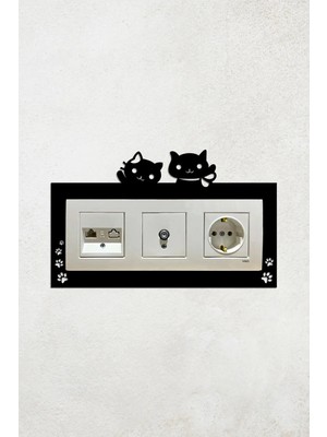 Buççin Online Mağaza  Sevimli Kedi Tasarım 3lü Priz Çerçevesi (Iç Ölçü 22,75X8,4 Cm) Üçlü Dekoratif Priz Susu Ahşap Siyah