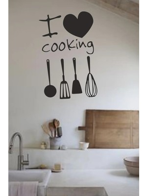 Buççin Online Mağaza  Siyah Ahşap I Love Cooking Duvar Dekoru - Mutfak Cafe Için Lazer Kesim 40X40 cm Mdf Tablo Ahşap Siya