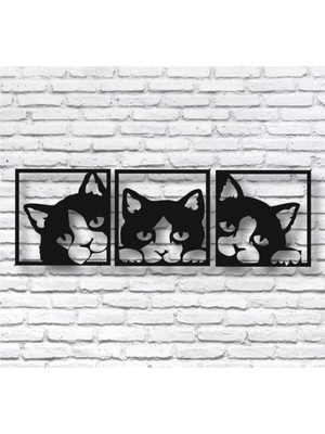 Buççin Online Mağaza  Ahşap Kedi Duvar Panosu 3lü Set Ahşap Siyah