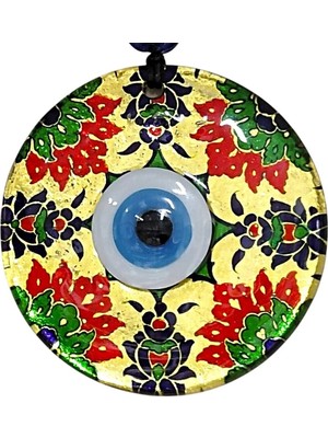 Buççin Online Mağaza  Kırmızı Çiçekli Nazar Boncuklu Altın Rengi Füzyon Cam El Işçiliği 12X12 cm Duvar Süsü Cam Çok Renkli
