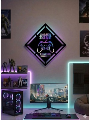 Buççin Online Mağaza  Gamer Zone Kablosuz Ledli 3 Fonksiyonlu Duvar Dekorasyon Ahşap Siyah