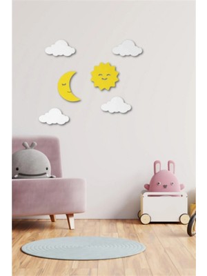 Buççin Online Mağaza  Sarı ve Beyaz Ahşap Gökyüzü Duvar Dekoru - Salon Oturma Yatak Çocuk Odası Için 70X50 cm Tablo Seti A