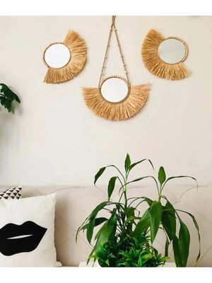 Buççin Online Mağaza  3 Lu Rafya Ayna Seti / Yelpaze Ayna / Tasarim Ayna / Duvar Panosu / Balkon Ofis Antre Salon Aynasi A