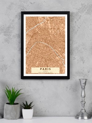 Buççin Online Mağaza  Paris Şehir Haritası - Kahverengi - Siyah Çerçeveli Ahşap Kahverengi