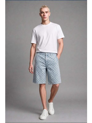 DeFacto %100 Pamuk Baggy Fit Açık Mavi Kareli Bermuda Şort I4053AX26HS
