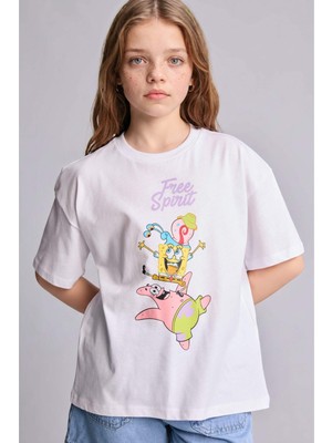 DeFacto %100 Pamuk SpongeBob Oversize Bisiklet Yaka Kısa Kollu Tişört Kız Çocuk H3481A826HS